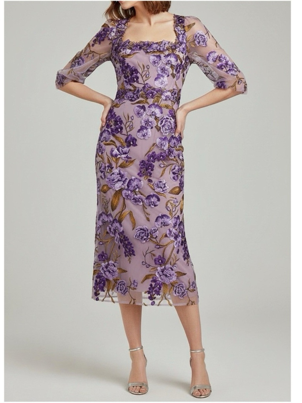 MARCHESA NOTTE Orchid & Rose Embroidered Tulle Cocktail Dress, Purple, 2 (US) - Picture 2 of 12